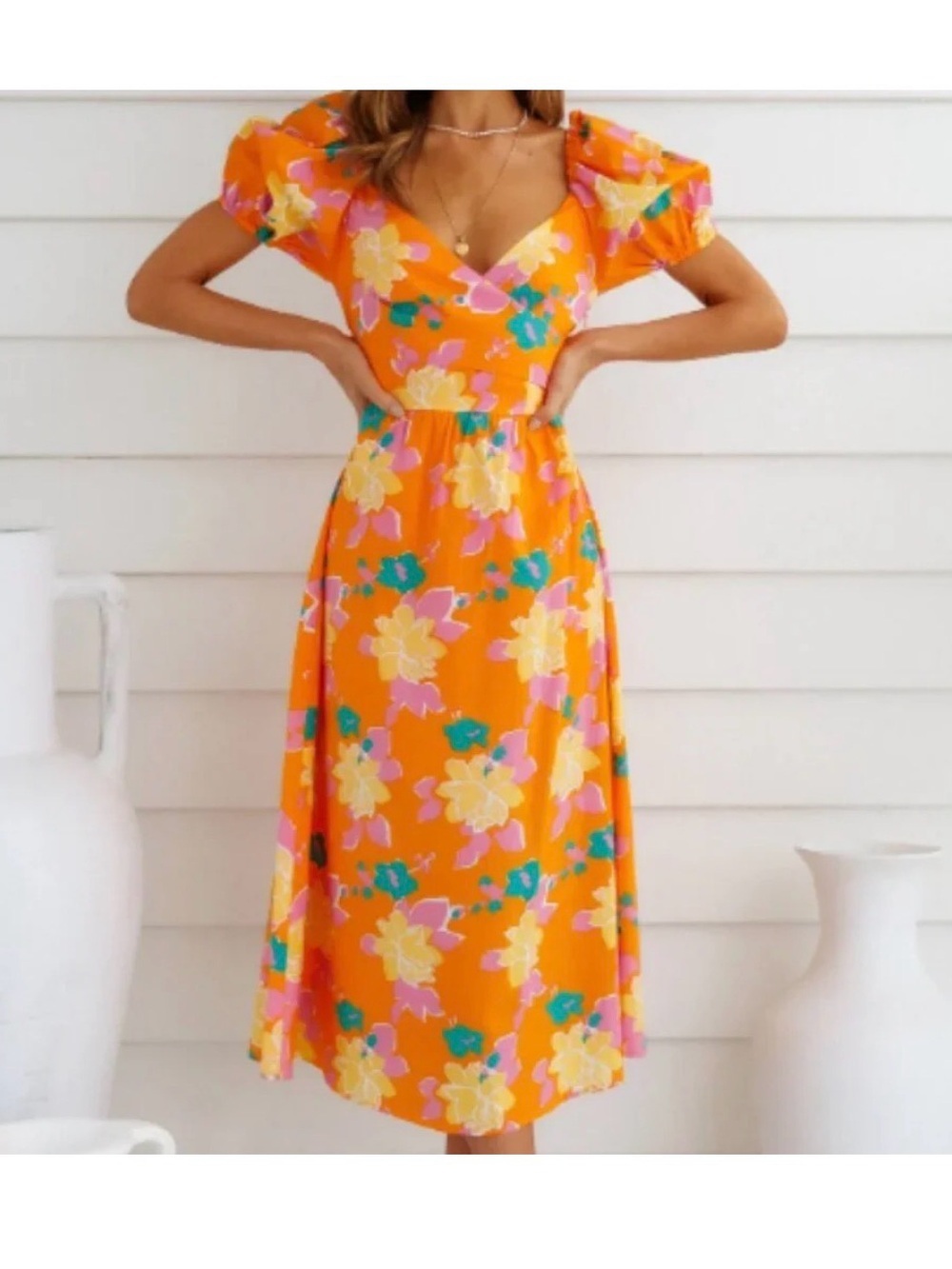 Hello Molly Floral Puff-Sleeve Midi Dress in Orange